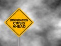 Yellow road sign with immigration crisis ahead message isolated on a grey sky background. Yellow hazard warning sign. Vector illus