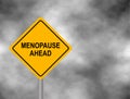 Yellow road sign with Menopause Ahead message isolated on a sky background. Yellow hazard warning sign. Vector illustration. Royalty Free Stock Photo
