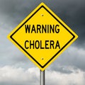 Yellow road sign warning for cholera with black clouds in the background