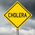 Yellow road sign warning for cholera with black clouds in the background