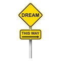 Yellow road signpost with words Dream, This way and arrow on white background