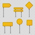 Yellow road signs. Blank traffic road empty warning caution attention stop safety shape danger boards street guide Royalty Free Stock Photo