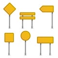 Yellow road signs. Empty traffic highway speed street metal sign collection, stop safety boards, blank hazard forbidden and Royalty Free Stock Photo