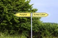 Yellow road signs pointing in opposite directions with german te