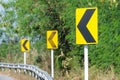 Yellow road signs warn Drivers for Ahead Dangerous Curve