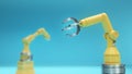 Yellow robot arm on a blue background,Robot arm technology in various industries