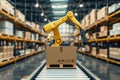 Yellow robotic arm in a modern warehouse. Boxes are visible in the background. Industrial style. Represents automation Royalty Free Stock Photo