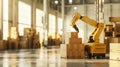 Yellow robotic arm stacking boxes in a bright warehouse. Automation and advanced robotics in logistics and storage Royalty Free Stock Photo