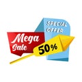 Yellow rocket with 50% discount. Red blue folded ribbon Mega Sale banner template design. Big sale special offer. Special offer Royalty Free Stock Photo