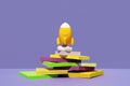 Yellow rocket stands on desk and violet background