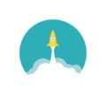 Yellow rocket and white cloud, circle icon in flat Royalty Free Stock Photo