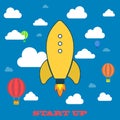 Yellow rocket and white cloud, icon in flat Royalty Free Stock Photo