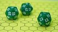 Yellow role-playing board with three green dice