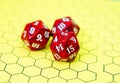 Yellow role-playing board with three red dice