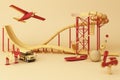 Yellow Roller coaster in Amusement parks surrounding by a lot of colorful toys