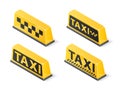 Yellow roof taxi sign set isolated on white background. Isometric vector illustration