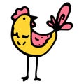 Yellow rooster icon. cartoon-style chicken, funny bird, side view with pink crest and tail and wing. black outline and long legs