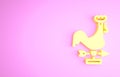 Yellow Rooster weather vane icon isolated on pink background. Weathercock sign. Windvane rooster. Minimalism concept. 3d