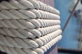 Yellow rope pile closeup photo. Ship or rock climbing tackle. Natural material woven cordage. Simple rope bulk concept Royalty Free Stock Photo