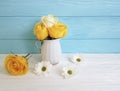 Yellow fresh rose vase chrysanthemum anniversary wooden background frame nature greeting decoration birthday Royalty Free Stock Photo