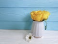 Yellow fresh rose vase border chrysanthemum anniversary wooden background frame nature greeting decoration birthday Royalty Free Stock Photo