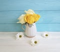 Yellow fresh rose vase chrysanthemum nature wooden background frame nature greeting decoration birthday Royalty Free Stock Photo