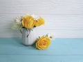 Yellow fresh rose vase celebration wooden background frame nature greeting decoration birthday Royalty Free Stock Photo