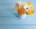 Yellow fresh rose vase concept wooden background frame nature greeting decoration birthday Royalty Free Stock Photo