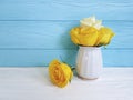 Yellow fresh rose vase vintage wooden background frame nature greeting decoration birthday Royalty Free Stock Photo