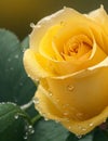 Yellow rose with green leaves There are water droplets on the petals Royalty Free Stock Photo