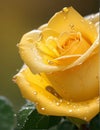 Yellow rose with green leaves There are water droplets on the petals. Royalty Free Stock Photo