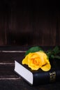 Yellow rose laying on a Bible, wooden background. Free space for your text.