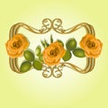 Yellow rose with leaves and buds in a gold frame Royalty Free Stock Photo