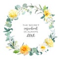 Yellow rose, peony, white lilac, tulip, spring garden flowers, mint eucalyptus Royalty Free Stock Photo