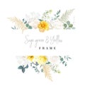 Yellow rose, peony, white lilac, tulip, spring garden flowers, mint eucalyptus, greenery, fern vector design frame Royalty Free Stock Photo