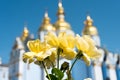 Yellow roses against background of the golden domes of the Orthodox Church Royalty Free Stock Photo