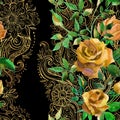 Yellow roses on golden ornament. Seamless pattern Royalty Free Stock Photo