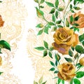 Yellow roses on golden ornament. Seamless pattern Royalty Free Stock Photo