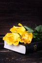 Yellow roses laying on a Bible, wooden background. Free space for your text.