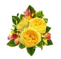 Yellow roses and red freesia flowers in a floral arrangement Royalty Free Stock Photo