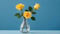Yellow roses in vase on blue background. Copy space for text. Generative AI Royalty Free Stock Photo