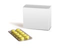 Yellow round pills and grey box-packing are isolat