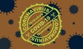 Yellow round stamp. Coronavirus covid -19 , 2019-nCoV quarantine with virus cells on the background