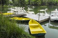 Yellow Rowing Boat and Swan Pedal Boats in Park.recreational pursuits at Lumpini park include rowing,paddleboats,jogging,Bicycle, Royalty Free Stock Photo