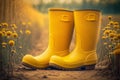 Yellow rubber boots with beautiful yellow field flowers in garden. Generative AI