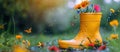 Yellow Rubber Boots Filled With Flowers