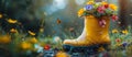 Yellow Rubber Boots Filled With Flowers