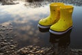Yellow rubber boots in puddle outdoors, space for text. Autumn walk Royalty Free Stock Photo