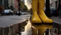 Yellow rubber boots splash through muddy puddles generated by AI