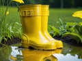 yellow rubber boots stand in a puddle. ai generative Royalty Free Stock Photo